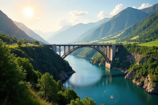 Dramatic Salza River bridge vista, bright sunlight Breathtaking view , bright, panorama