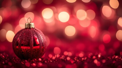 A single red Christmas ornament rests on festive tinsel