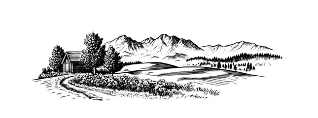 Obraz premium Engraved landscape design showcasing an idyllic cabin with mountains and lush greenery, perfect for artistic tattoo and packaging use