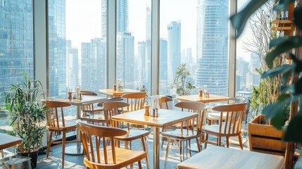 Obraz premium Modern restaurant with city view.