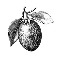 Intricate engraved illustration of a ripe avocado hanging gracefully from its branch with delicate leaves, perfect for artistic designs