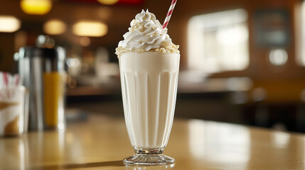 Creamy  vanilla milkshake with whipped cream topping in diner setting ice food cold drink