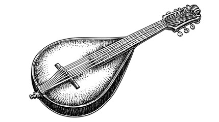 Naklejka premium Engraved mandolin illustration showcasing intricate design suitable for tattoos and creative packaging
