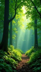 Obraz premium Lush green forest clearing, sunlight filtering through canopy, landscape, green