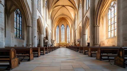 Fototapeta premium Stunning interior view of a grand cathedral showcasing tall arches, stained glass windows, and pews