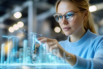 Woman Analyzing Holographic City With Cutting-Edge Tech