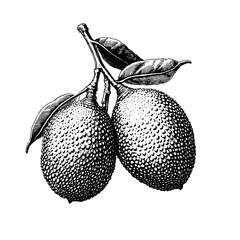 Engraved illustration of two avocados with textured skin and leaves, perfect for unique tattoo and packaging design concepts