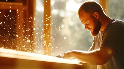 Carpenter Working With Wood By An Open Window View.