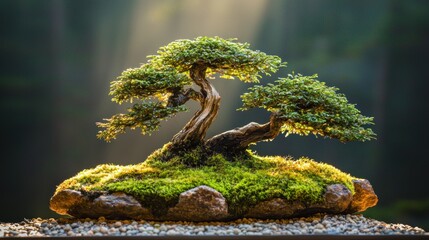 Sunlit bonsai tree in moss-covered rocks.