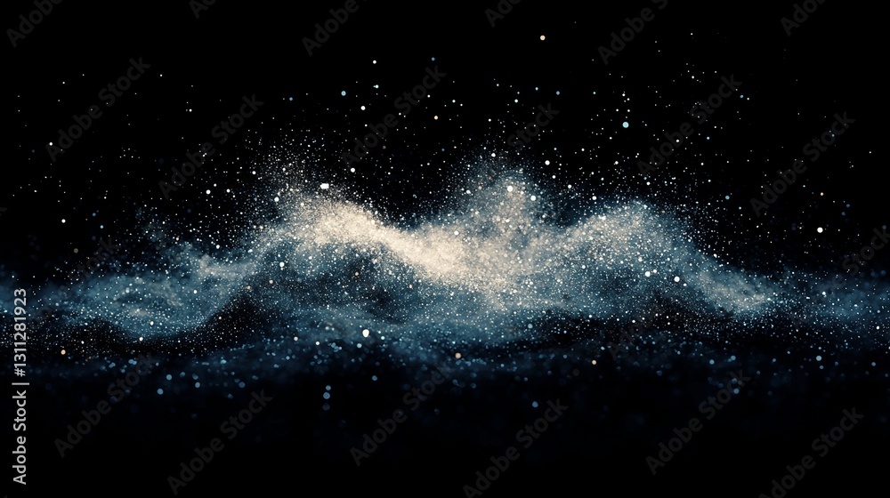 Poster a futuristic background composed of particles, featuring a digital scene with interconnected blue do