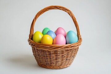A perfectly arranged wicker basket with pastel pink, blue, yellow, and green Easter eggs, realistic texture, white background, ultra-clean design