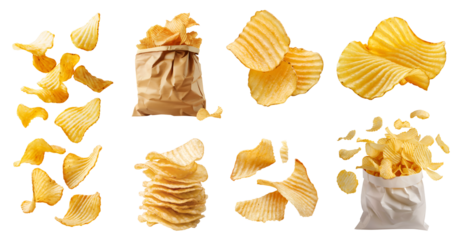 Wavy Wave ridge ripple ruffle Potato chip chips, many angles and view side top front heap broken pile flying, paper bag packet on transparent cutout, PNG file. Mockup template for artwork design