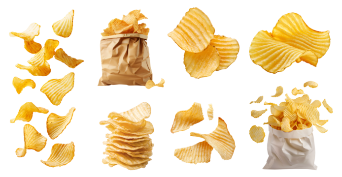 Wavy Wave ridge ripple ruffle Potato chip chips, many angles and view side top front heap broken pile flying, paper bag packet on transparent cutout, PNG file. Mockup template for artwork design