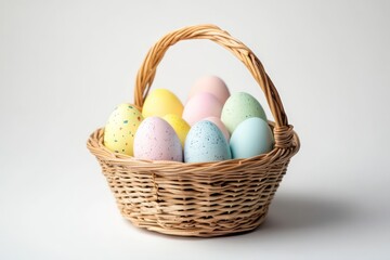 A perfectly arranged wicker basket with pastel pink, blue, yellow, and green Easter eggs, realistic texture, white background, ultra-clean design