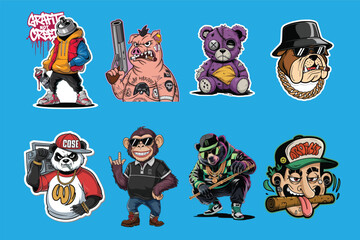Street-Style Hip-Hop Graffiti Stickers – Gangster Bear Panda Bulldog Monkey Pig Rap Aesthetic – Cool Urban Digital Stickers for Laptops, Skateboards, and More