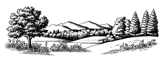 Fototapeta premium Natural landscape engraving showcasing mountains, trees, and tranquil waters, ideal for tattoo and packaging design inspiration