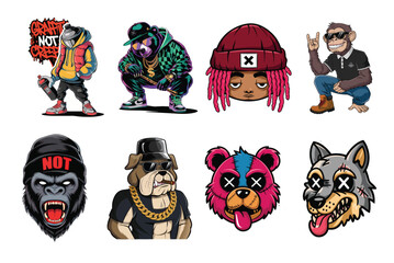 Urban Street Art Sticker Set – Graffiti-Inspired Cool Animal Characters with Hip-Hop and Punk Aesthetic for Trendy Designs