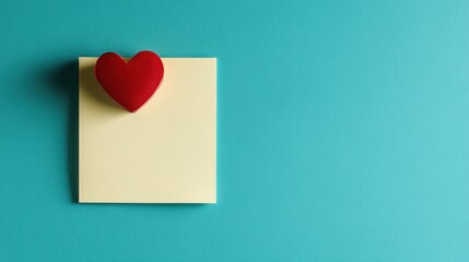 Creative heart note paper with adhesive tape isolated on teal background minimalist design close-up love concept