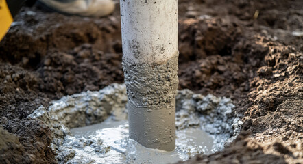 Workers are placing a concrete Euclidean-style pole into a hole filled with wet cement at a construction site, ensuring proper alignment and stability. The setting appears to be outdoors