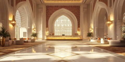 Fototapeta premium Luxurious hotel lobby with grand arches, marble floors, and ornate details.