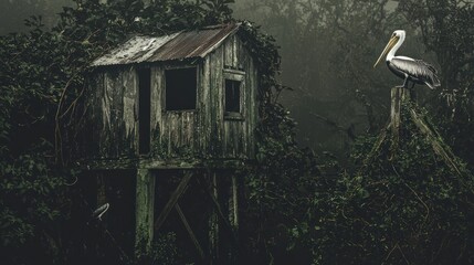 Foggy swamp scene with old wooden shack and pelican.