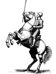 Majestic knight on rearing stallion poised for competition in an elaborate medieval joust