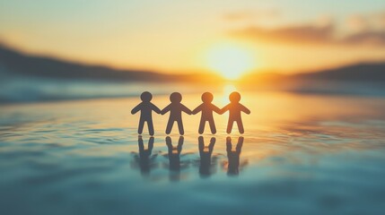 Fototapeta premium Minimalist paper chain people at sunset reflection beach photography serene artistic concept