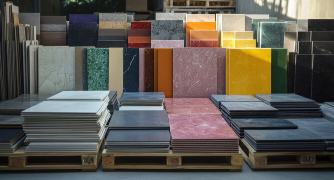 A large collection of ceramic tiles in various colors and textures fills the workshop. The vibrant display highlights the artistry and craftsmanship involved in ceramic design