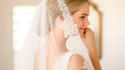Blonde Bride adjusting lace veil with soft smile in softly lit dressing room