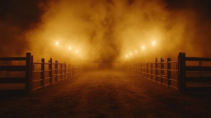 Blazing rodeo arena lights at night captivating action scene dusty environment dramatic viewpoint