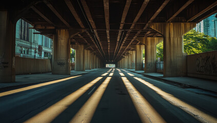 Sunlight filters through the structure of a long concrete bridge, creating striking patterns of light and shadow on the roadway below