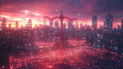 Fototapeta premium Futuristic cityscape at sunset featuring glowing scales of justice amidst a digital landscape