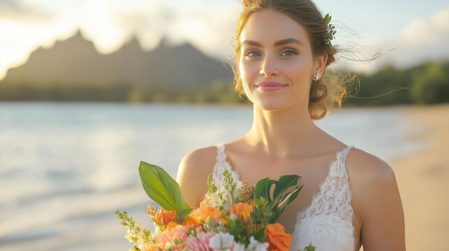 Bride walking barefoot on beach at sunset with serene mood against coastal backdrop