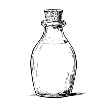 recommend clip art: Elegant engraved illustration of a vintage glass bottle with a cork stopper, ideal for tattoo and packaging inspiration
