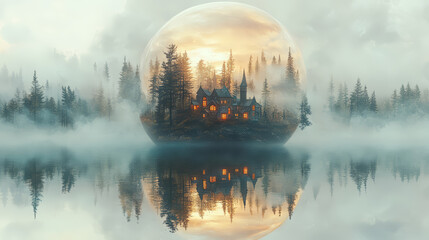 Fantasy landscape with magic castle in the fog. Fantasy illustration background.