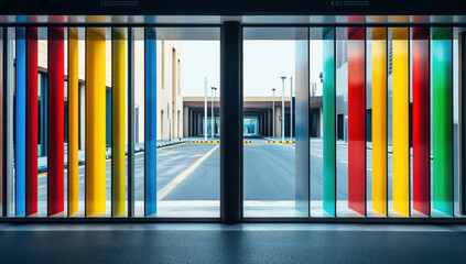 A striking modern metal cage structure presents a vibrant arrangement of colors in a minimalist design, situated in an urban environment with contemporary buildings and a quiet street