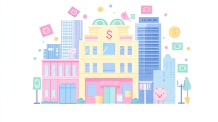 Fototapeta premium Pastel cityscape with money, financial buildings, piggy bank