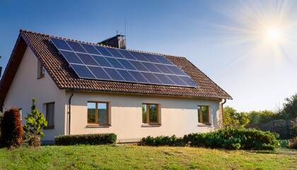 Detached residential house with solar panels on the roof
