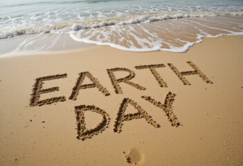 Beach scene, sandy shore, ocean waves, "Earth Day" written in sand, environmental message, natural lighting, shoreline, foam, wet sand texture, eco-friendly concept, environmental awareness, coastal l