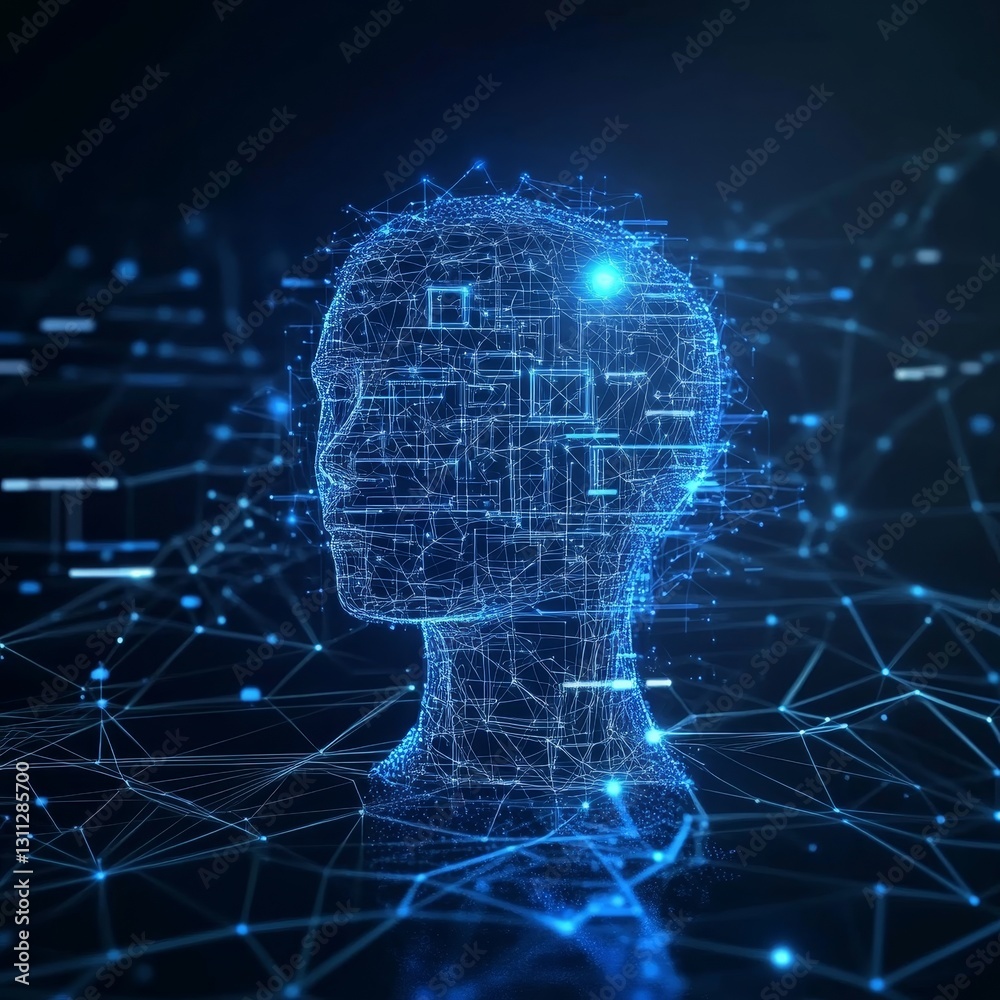 Poster digital head representation with network connections and data points