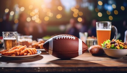 American football on a table with food and drink set up for a party, with a blurred background, game