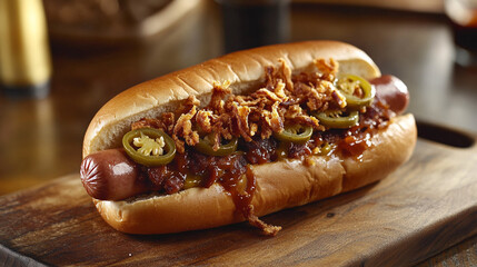 hot dog with crispy onions and jalapeos on a toasted bun bbq food meal tasty lunch snack