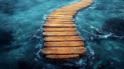 Wooden walkway in the sea. Wooden path in the water. Fantasy illustration background.