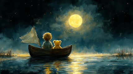 Little boy and his teddy bear in a boat at night. Fantasy illustration background.