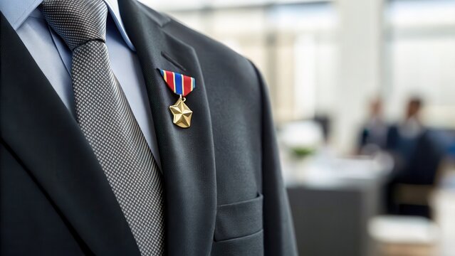 Workplace diversity equality growth concept. Close-up of a suit with a medal, showcasing professionalism and achievement in a modern office setting.