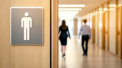 Fototapeta premium Workplace diversity equality growth concept. Restroom sign with male icon, hallway with two people walking in office environment.