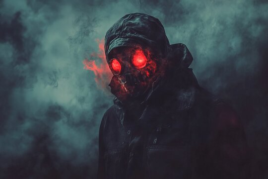 Mysterious figure in gas mask with glowing red eyes in foggy environment