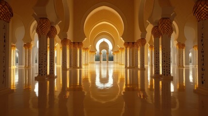 Interior of a grand hall features columns arches and reflections