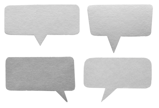 Collection set of grey gray blank cut out paper speech bubbles with round rounded corners, copy space for text on transparent png background design element