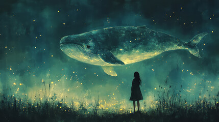 Little girl and big whale in the night forest. Fantasy illustration.